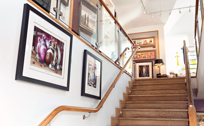 The café stairway leading up to the art gallery
